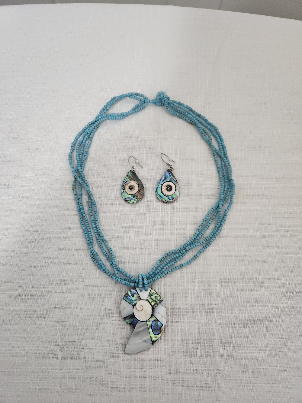 Turquoise Bead  and Abalone Shell Pendant Necklace And Earrings Set